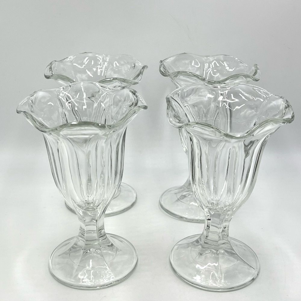 Four Vintage Clear Pressed Glass Tall Footed Sundae Parfait Glasses Set of 4